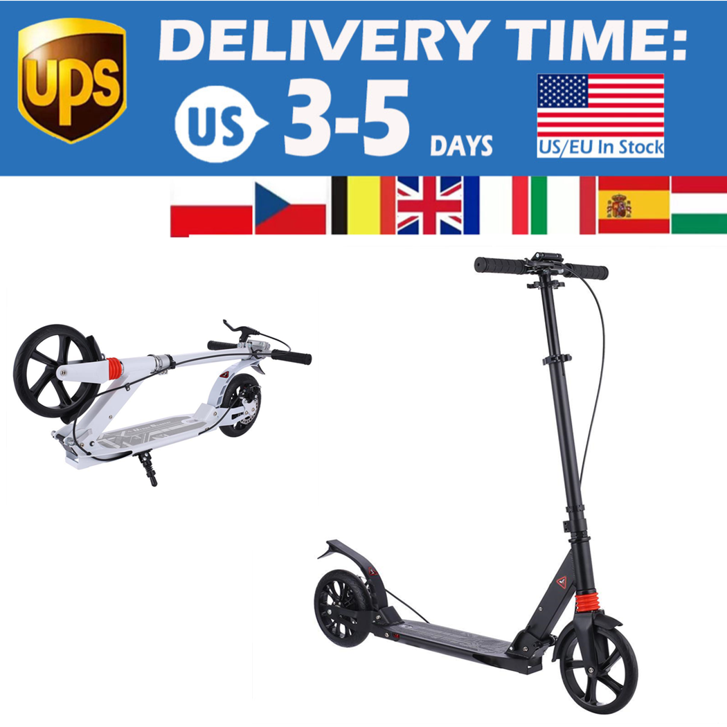 Adult Children Adjustable Height Foldable Kick Scooter PU Wheels Wide Deck 33.9-40.2inch Black White