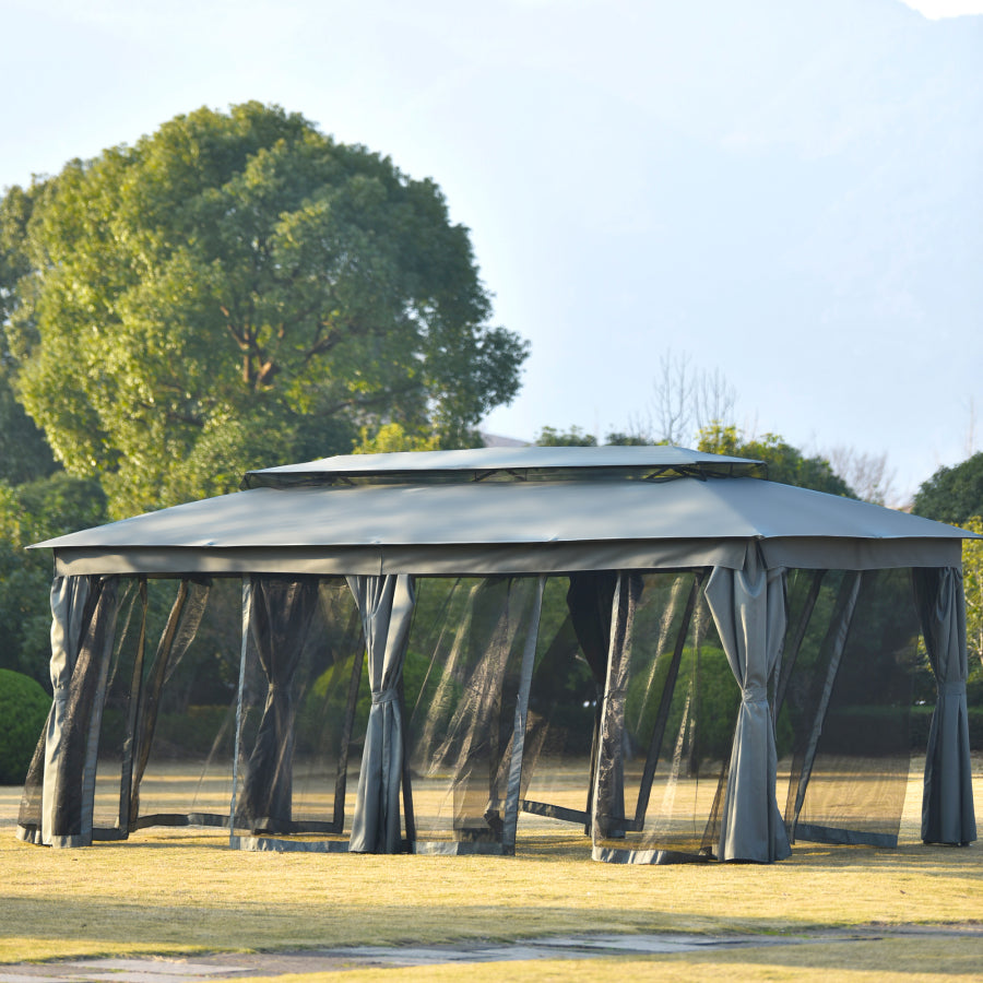 10x20 Gazebo with Oxford Cloth Mosquito Nets for Outdoor, Patio, Yard, Deck, Garden, Double Top and Zipper Design  Gray